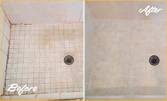 Before and After Picture of a Northlake Shower Caulked to Fix Cracks