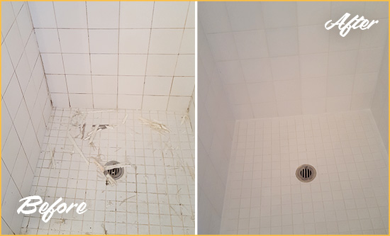 Before and After Picture of a Wicker Park Bathroom Re-Caulked To Repair Damaged Caulking