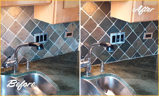 Before and After Picture of a Olympia Fields Backsplash Caulked to Fix and Prevent Water Leaks