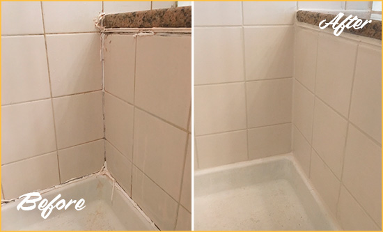 Before and After Picture of a Lansing Shower Caulked to Repair Damaged Caulking
