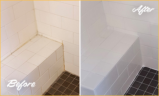 Before and After Picture of a Downers Grove Shower Seat Caulked to Protect Against Mold and Mildew Growth