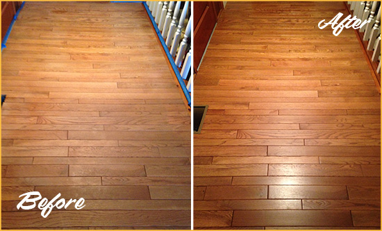 Before and After Picture of a Oak Forest Wood Sandless Refinishing Service on a Dull Hallway