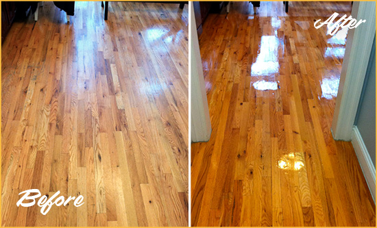 Before and After Picture of a Streeterville Wood Sandless Refinishing Service on a Worn Out Hallway