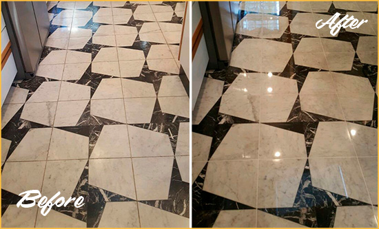Before and After Picture of a Dull Lake Zurich Marble Stone Floor Polished To Recover Its Luster