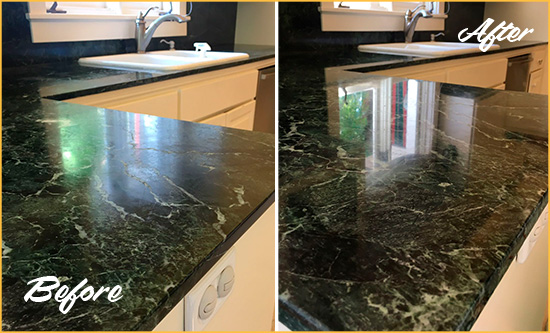 Before and After Picture of a Wheaton Marble Stone Counter Polished to Eliminate Water Marks