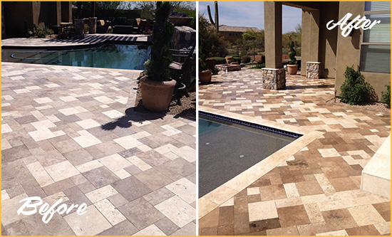 Before and After Picture of a Faded Lake Bluff Travertine Pool Deck Sealed For Extra Protection