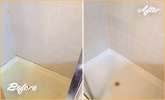 Before and After Picture of a Old Mill Creek Shower Sealed to Remove and Protect Against Mold