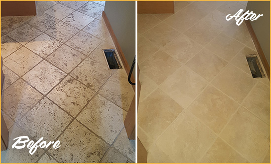 Before and After Picture of a Elmwood Park Kitchen Marble Floor Cleaned to Remove Embedded Dirt