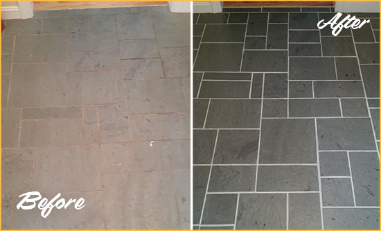 Before and After Picture of a Long Grove Slate Floor Cleaned to Remove Deep-Seated Dirt