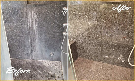 Before and After Picture of a Itasca Granite Shower Cleaned to Remove Mineral Deposits