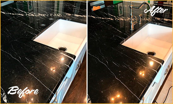 Before and After Picture of a Winfield Marble Kitchen Countertop Stone Sealed to Avoid Water Damage
