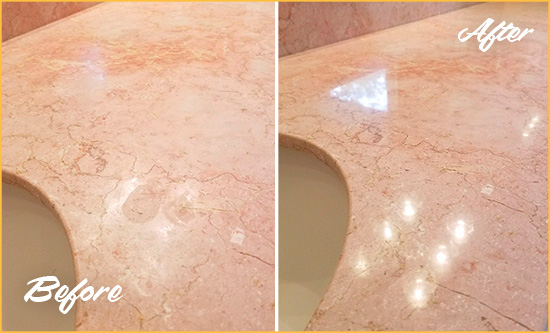Before and After Picture of a Hinsdale Marble Stone Vanity Top Sealed to Avoid Water Marks