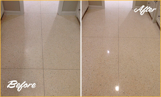 Before and After Picture of a Dull Barrington Granite Floor Honed to Recover Its Sheen