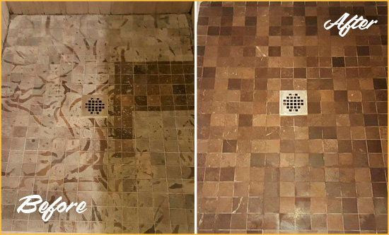 Before and After Picture of a Lynwood Marble Shower Honed to Remove Etching