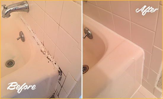 Before and After Picture of a Lindenhurst Hard Surface Restoration Service on a Tile Shower to Repair Damaged Caulking
