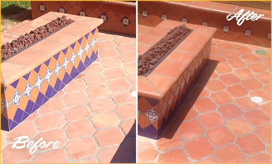 Before and After Picture of a Round Lake Beach Hard Surface Restoration Service on a Dull Terracotta Patio Floor to Recover Its Color