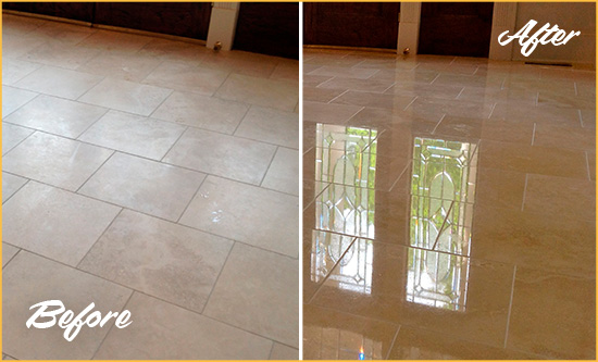Before and After Picture of a Round Lake Beach Hard Surface Restoration Service on a Dull Travertine Floor Polished to Recover Its Splendor