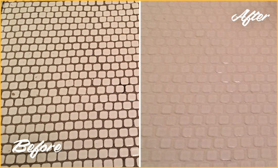 Before and After Picture of a River Grove Hard Surface Restoration Service on a Bathroom Tile Floor Recolored to Fix Grout Color