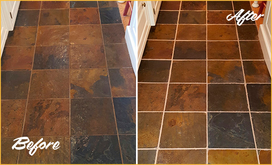 Before and After Picture of Wadsworth Slate Floor Grout Cleaned to Remove Dirt