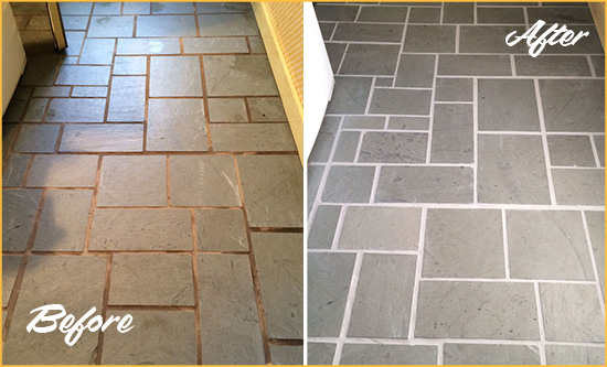 Before and After Picture of Damaged Steger Slate Floor with Sealed Grout