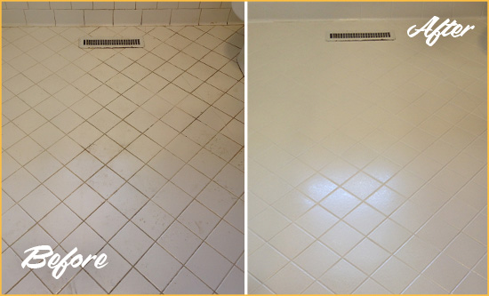 Before and After Picture of a Inverness White Bathroom Floor Grout Sealed for Extra Protection