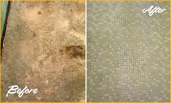 Before and After Picture of a Hinsdale Mosaic Shower Cleaned to Eliminate Embedded Dirt