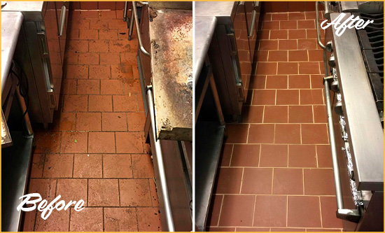 Before and After Picture of a Dull Lombard Restaurant Kitchen Floor Cleaned to Remove Grease Build-Up