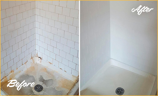 Before and After Picture of a Hillside Shower Cleaned to Eliminate Mold