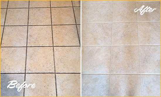 Before and After Picture of a Oak Forest Ceramic Floor Cleaned to Remove Soil