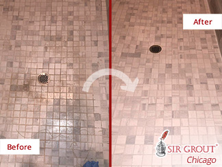 Before and after Picture of This Shower after a Grout Cleaning Job in Chicago 