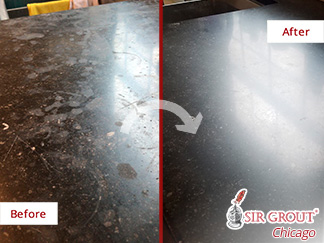 Before and after Picture of This Kitchen Countertop in Chicago,  Restored after a Stone Honing Job