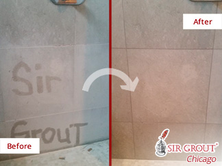 Before and after Picture of This Shower after a Tile and Grout Cleaning Service in Lincoln Park