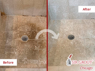 Image of a Shower Floor Before and After a Tile Sealing in Oak Park, IL