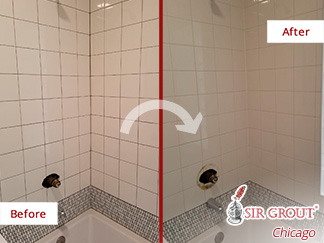 Picture of a Tiled Shower Before and After a Tile Sealing in Avondale, IL