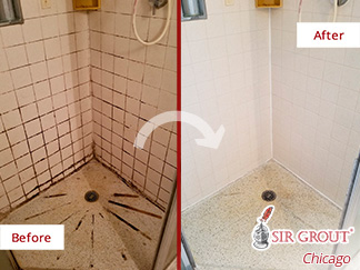Picture of a Damaged Shower Before and After Our Grout Cleaning in Chicago, IL