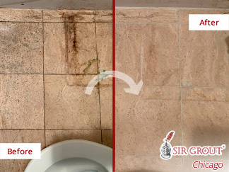 Image of a Damaged Travertine Bathroom After a Professional Stone Cleaning in Chicago