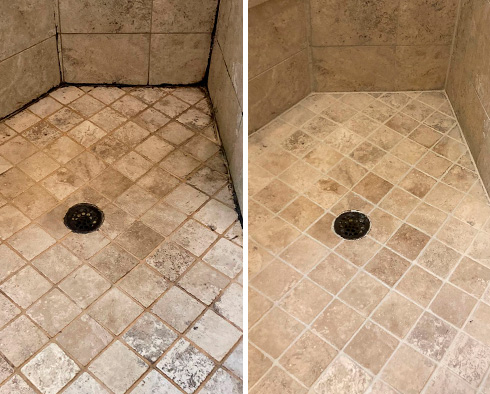 Travertine Shower Before and After Our Hard Surface Restoration Services in Chicago