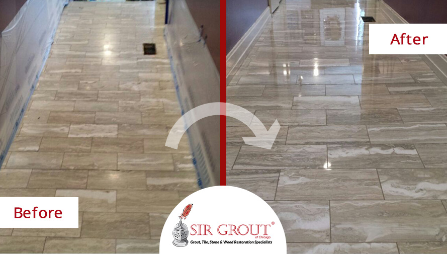 Picture of an Onyx Floor Before and After a Stone Honing and Polishing in Chicago