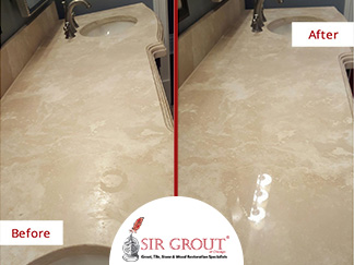 Before and After Picture of aTravertine Vanity Top in Chicago that Regained Its Former Glow after a Stone Polishing