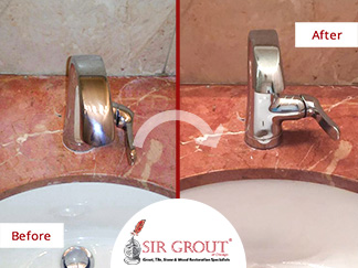 Before and After Picture of a Red Marble Countertop Stone Sealing Serice