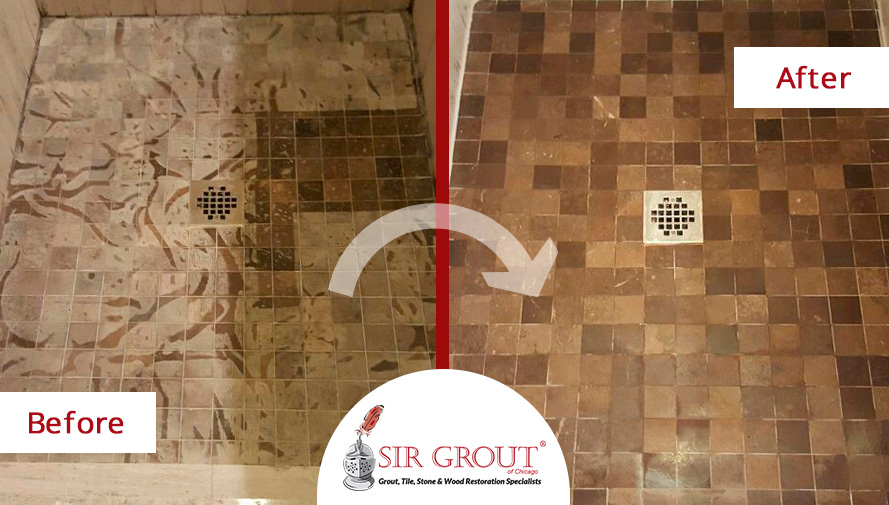 Before and After Picture of a Stone Polishing Service on a Limestone Shower Floor Damaged by Vinegar