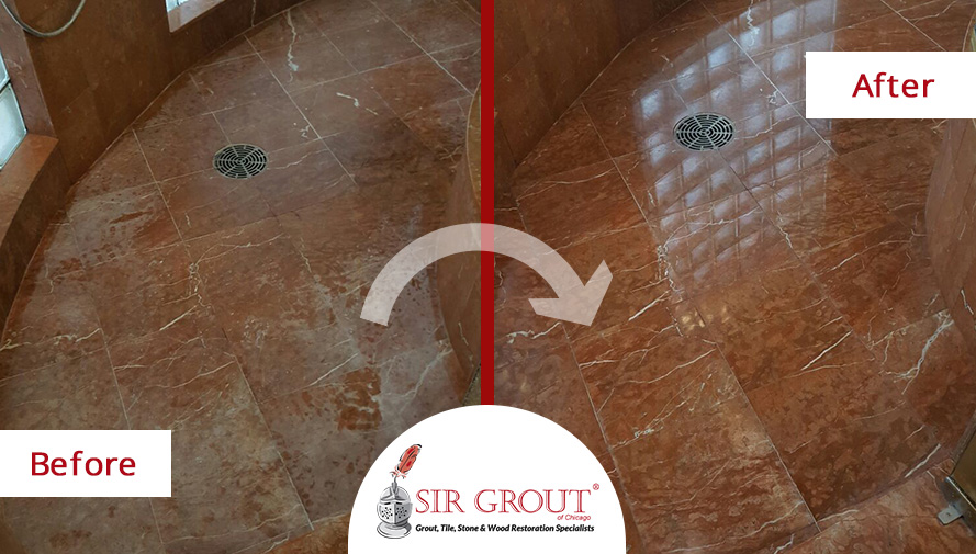Before and After Picture of a Stone Polishing Service on a Marble Shower in Burr Ridge, Illinois