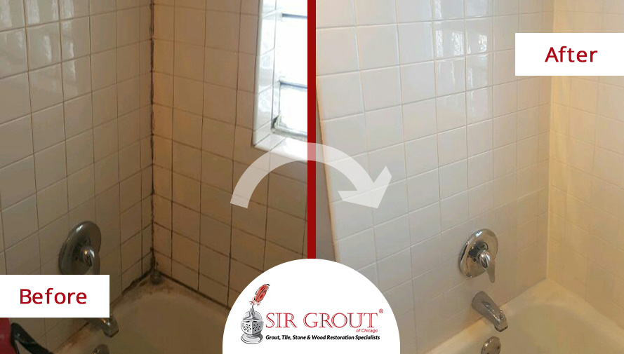 Before and After Picture of Grout Cleaning Job on a Tile Bathroom in Lakeview, IL