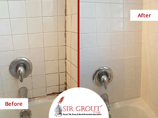 Before and After Picture of a Grout Cleaning Service on a Tile Bathroom in Lakeview, IL