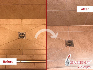 Before and after of This Natural Stone Shower That Was Totally Renewed after a Grout Sealing in Northbrook, Il