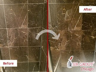Before and after Picture of This Shower That Is Now Spotless after a Stone Honing Job Done in Chicago, IL