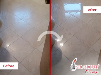 Before and after Picture of This Stone Polishing Service Done to This Bathroom Floor in Chicago