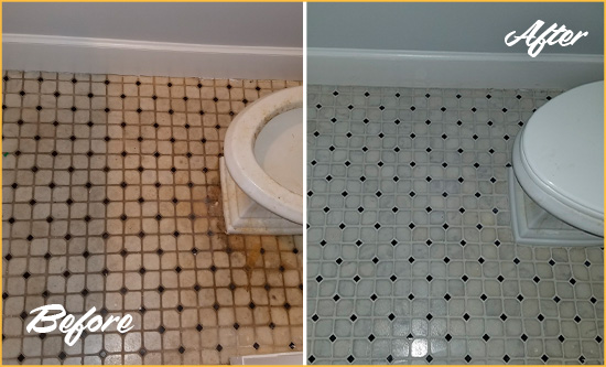 Before and After Picture of a Bathroom Floor Cleaned to Remove Embedded Dirt