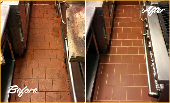 Before and After Picture of a Glencoe Restaurant Kitchen Tile and Grout Cleaned to Eliminate Dirt and Grease Build-Up