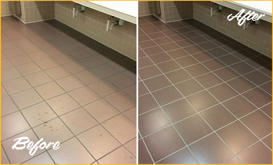 Before and After Picture of a Hoffman Estates Restrooms Tile and Grout Cleaned to Remove Embedded Dirt